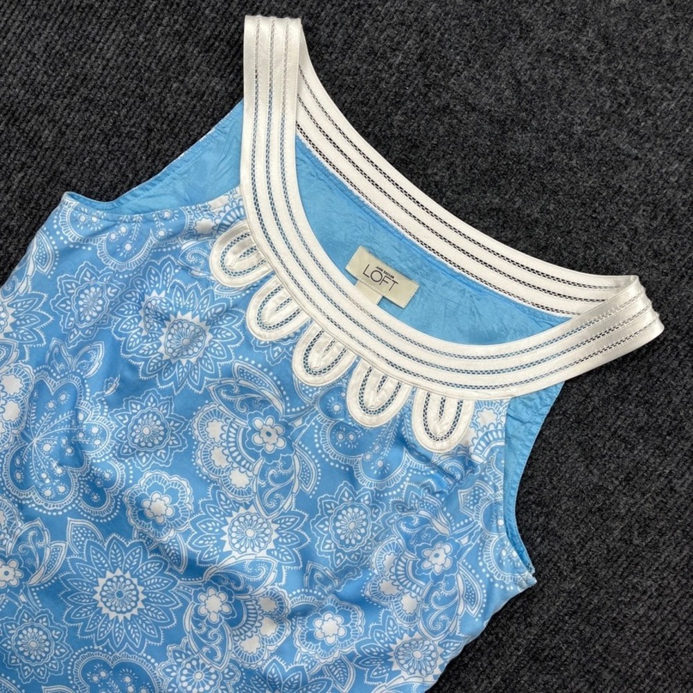Ann Taylor Loft Paisley Floral Shift Dress Blue White Size 0 Preppy Boho Summer
